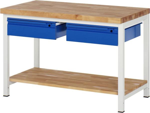 RAU Werkbank 8002I7, B1250xT700xH840-1040mm, Ablageboden Buche, 2xSchublade-TA, 03-8002I7-127R4H.11