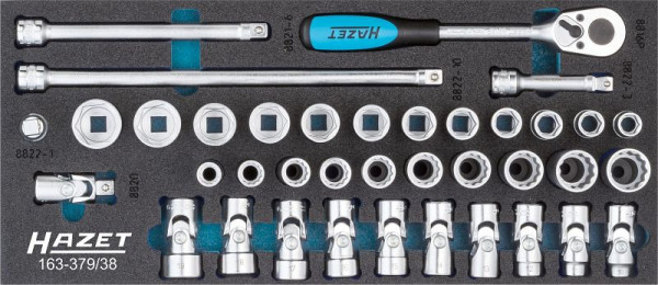 Hazet Steckschlüssel Satz, Vierkant hohl 10 mm, Außen-Doppel-Sechskant-Tractionsprofil, Außen-Sechskant-Tractionsprofil, Anzahl Werkzeuge: 38, 163-379/38