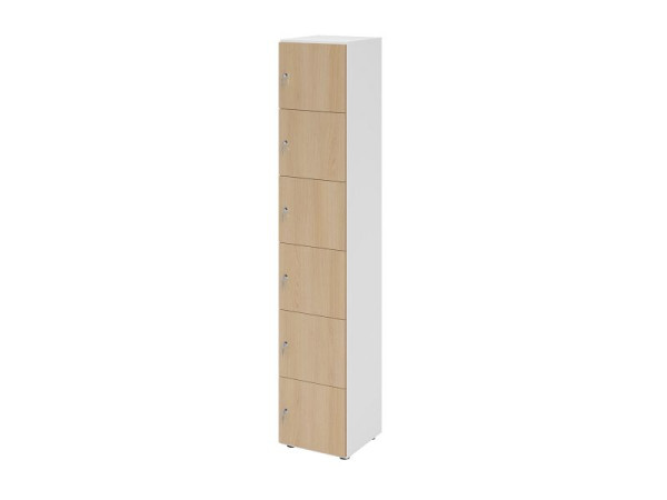 Hammerbacher Schließfachschrank schmal 6OH, 6 Türen mit Schloss, Korpus: weiß, Türen: Eiche, 40 x 40 x 215,6 cm (BxTxH), V264L6/W/E/DS