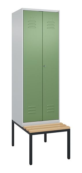 C+P Umkleidespind Classic PLUS SW, 2 Abteile, 2120x600x815mm, 7035/6011, Zylinderschloss, mit untergebauter Sitzbank, Buche-Sitzleisten, 0800527-20 S10050