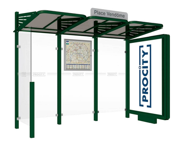 Procity Wartehalle Convi® - Standard - 1 Beleuchteter Caisson Rechts + 1 Seitenverkleidung Links, Farbe RAL 6005, 529366.6005