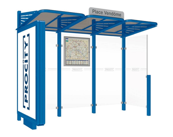 Procity Wartehalle Convi® - Standard - 1 Beleuchteter Caisson Links + 1 Seitenverkleidung Rechts, Farbe RAL 5010, 529388.5010