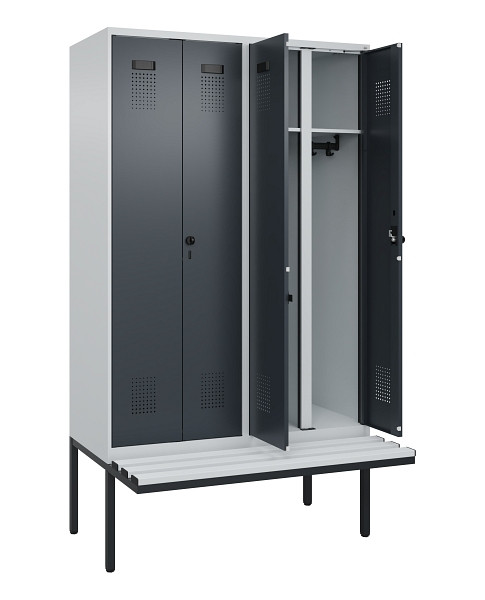 C+P Schwarz-Weiß-Spind Evolo PLUS, Bank, 4 Abteile, 2120x1200x815mm, 7035/7016, Drehriegel, Material Sitzfläche Kunststoff, 0490427-40 S10066