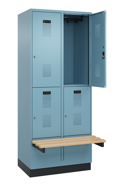 C+P Doppelstock-Spind Evolo PLUS, Bank, 4 Fächer, 1950x800x815mm, 0010/0010, Zylinderschloss, Sitzfläche Buche-Hartholz, mit Sockel, 049340-22 S10048