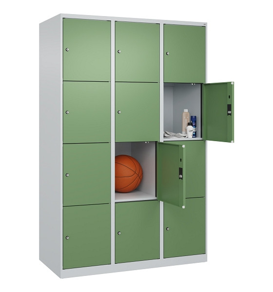 C+P Schließfachschrank Evolo PLUS, 12 Fächer, 1850x1200x500mm, 7035/6011, Abteile 3, Abteilbreite 400 mm, 049000-324 S10010