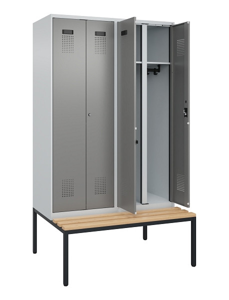 C+P Schwarz-Weiß-Spind Evolo PLUS, Bank, 4 Abteile, 2120x1200x815mm, 7035/0004, Zylinderschloss, Sitzfläche Buche-Hartholz, Sitzbank, 0490527-40 S10041