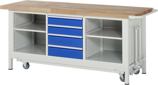 RAU Absenkbare Werkbank- Modell 8566, 2000x700x880mm, Dreifach-Unterbau-Container, li: Fachboden, mitte: 2x120, 2x150mm, re: Fachboden, 05-8566A2-207B4F.11