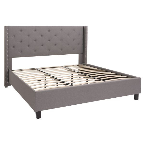 Mendler Polsterbett HWC-N59, Bett Doppelbett Bettgestell mit Lattenrost, Massivholz Stoff/Textil 180x200cm, grau, 104235+104244