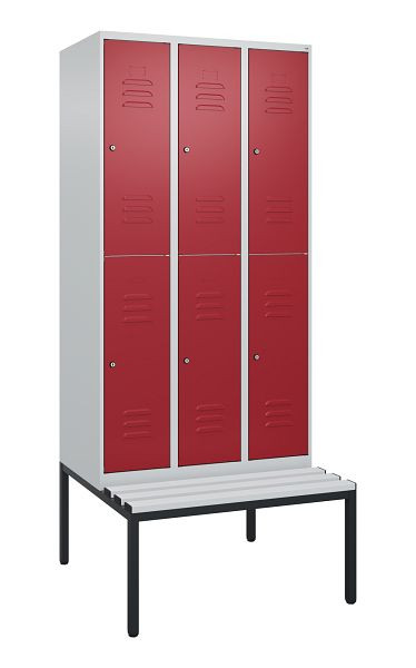 C+P Doppelstöckiger Spind Classic PLUS, 3 Abteile, 2120x900x815mm, 7035/3003, Zylinderschlösser, mit untergebauter Sitzbank, 0803507-30 S10016