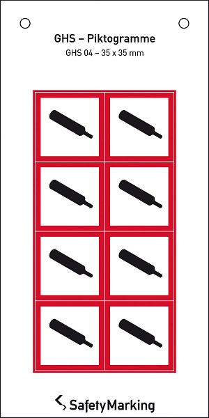 SafetyMarking GHS-Gefahrenpiktogramm, Symbol 04: Gasflasche, BxH 3,5x3,5 cm, Folie, selbstklebend, VE: 8 Stück/Bogen, 30.3552-04