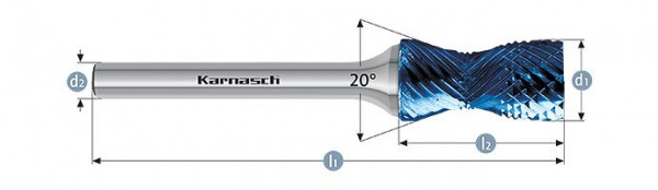 Karnasch Hartmetall-Frässtift Blue-Tec beschichtet d1= 12,0 / l2= 25 / d2= 6 / l1= 70mm Combi+Curve, 116019100
