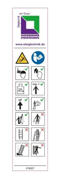 Munk Günzburger Steigtechnik Hinweis-Aufkleber für Sprossen-Anlegeleiter "Bestimmungsgemäße Verwendung" Aufkleber 19079, VE: 20 Stück, 019155