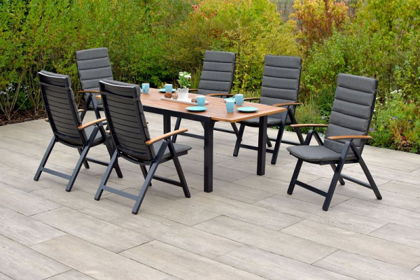 Merxx Astros Set 13-teilig, 6 Astros Klappsessel, 6 Kissen, grau, 1 Ausziehtisch, 150 (200) x 90 cm, Aluminium mit FSC Akazienholz, 50628-800