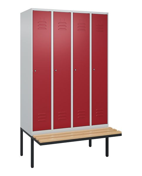 C+P Umkleidespind Classic PLUS, 4 Abteile, 2120x1200x815mm, 7035/3003, Zylinderschlösser, Buche-Sitzleisten, 3 Doppel-Haken, 0800407-40 S10046