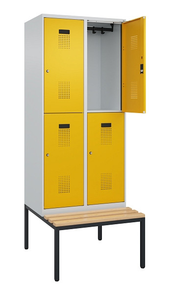 C+P Doppelstock-Spind Evolo PLUS, Bank, 4 Fächer, 2120x800x815mm, 7035/1004, Zylinderschloss, Sitzfläche Buche-Hartholz, Sitzbank, 0493507-22 S10027
