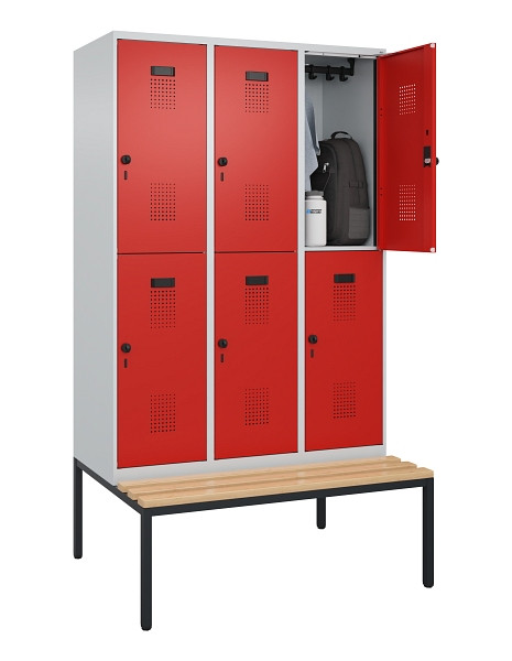 C+P Doppelstock-Spind Evolo PLUS, Bank, 6 Fächer, 2120x1200x815mm, 7035/3020, Drehriegel, Sitzfläche Buche-Hartholz, Sitzbank, 0493507-32 S10005