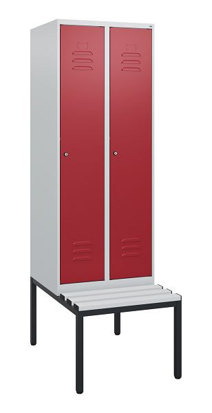 C+P Umkleidespind Classic PLUS, mit untergebauter Sitzbank, 2 Abteile, 1950x600x815mm, 7035/3003, Zylinderschlösser, 0800505-20 S10046