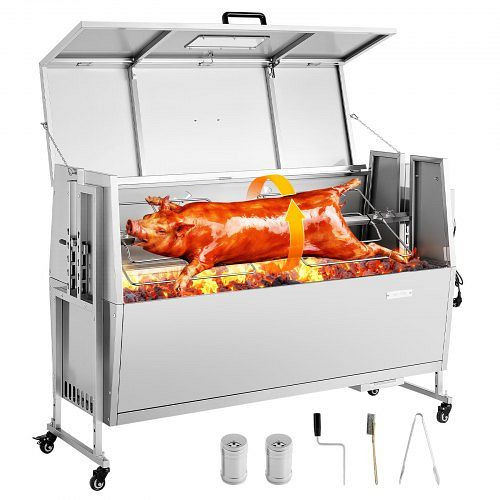VEVOR Drehspießgrill 132 cm Holzkohlegrill, 60 kg Tragkraft, 4-fach Höhenverstellung, Edelstahl, für Camping, PZSHLK52INCH1P0ZI001V2