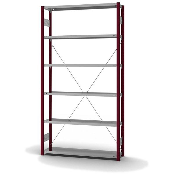 hofe Fachboden-Grundregal, 2500x300x1300 mm, 6 Fachebenen, verzinkt / RAL 3004, 175 kg Fachlast, 1000 kg Feldlast, einseitige Bedienung, HRG253013XL