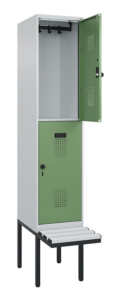 C+P Doppelstock-Spind Evolo PLUS, Bank, 2 Fächer, 2120x400x815mm, 7035/6011, Drehriegel, Sitzfläche Kunststoff, 0493407-12 S10091