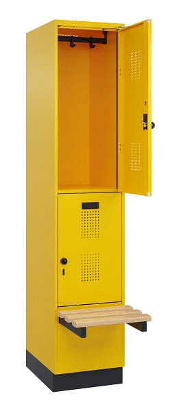 C+P Doppelstock-Spind Evolo PLUS, Bank, 2 Fächer, 1950x400x815mm, 1023/1023, Drehriegel, Sitzfläche Buche-Hartholz, mit Sockel, 049340-12 S10022