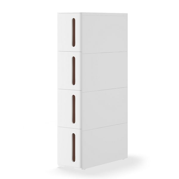 SONGMICS Kunststoffschubladen, schmaler Aufbewahrungswagen auf Rädern, Turm mit vier Schubladen, 45 x 17 x 83 cm, weiß und braun, KFR08WT