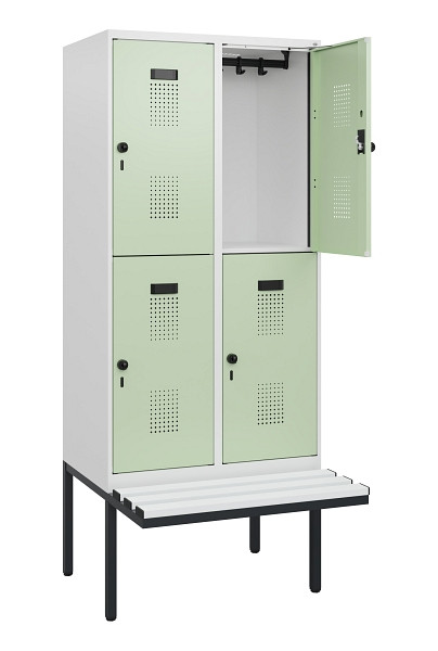 C+P Doppelstock-Spind Evolo PLUS, Bank, 4 Fächer, 1950x800x815mm, 9016/6019, Drehriegel, Sitzfläche Kunststoff, 0493405-22 S10118
