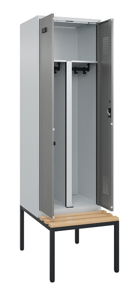 C+P PSA Doppel-Spind Evolo PLUS, Bank, 2 Abteile, 2120x600x815mm, 7035/0004, Zylinderschloss, Sitzfläche Buche-Hartholz, Sitzbank, 0490527-20P S10041