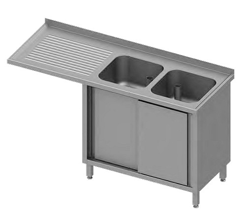 Stalgast Spülschrank mit Schiebetüren und Überstand 1700x600x900 mm, mit zwei Becken rechts, mit Aufkantung, verschweißt, VSK17627RA