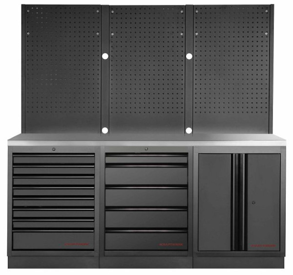 Kraftwerk MOBILIO BLACK EDITION 3er Kombi, 13 Schubladen, 1 Schrank, Vierkant-Lochwand, Arbeitsplatte Edelstahl, 3964K-BLK-006-IX
