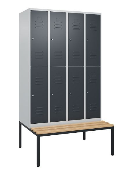 C+P Doppelstöckiger Spind Classic PLUS, 4 Abteile, 2120x1200x815mm, 7035/7016, Zylinderschlösser, Buche-Sitzleisten, Sitzbank, 0803507-40 S10098