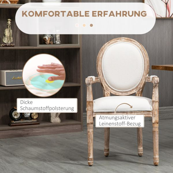 HOMCOM Esszimmerstuhl Retro-Design Küchenstuhl mit Armlehnen Polsterstuhl für Wohnzimmer Gummiholz Cremeweiß+ helle Holzfarbe 56 x 55,5 x 96 cm, 835-315CW