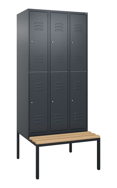 C+P Doppelstöckiger Spind Classic PLUS, 3 Abteile, 2120x900x815mm, 7016/7016, Zylinderschlösser, Buche-Sitzleisten, Sitzbank, 0803507-30 S10102