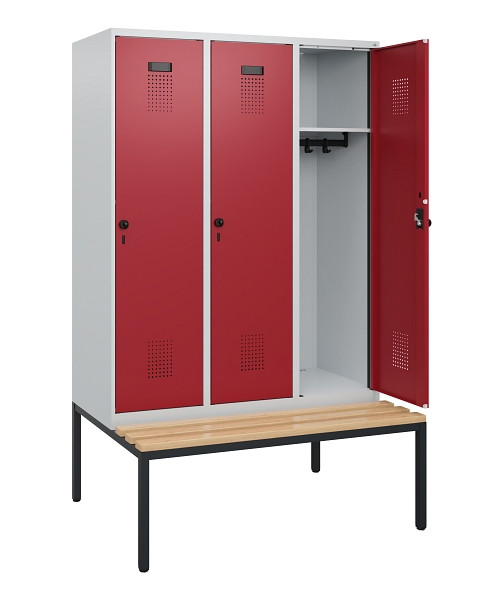 C+P Spind Evolo PLUS, 3 Abteile, 1950x1200x815mm, 7035/3003, Drehriegel, Sitzfläche Buche-Hartholz, Sitzbank, 0490505-32 S10004