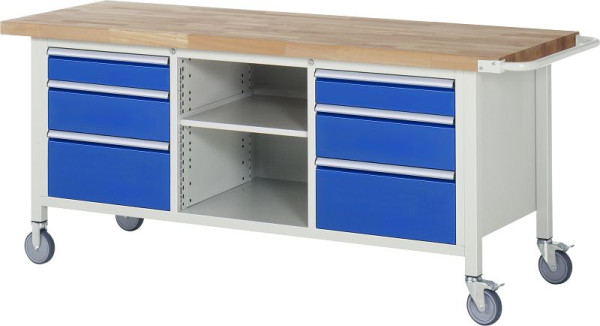 RAU Fahrbare Werkbank-Modell 8564, B2000xT700xH880-1080mm, li: 120, 150, 270mm, mitte: Fachboden, re: 120, 150, 270mm, 05-8564A2-207B4H.11
