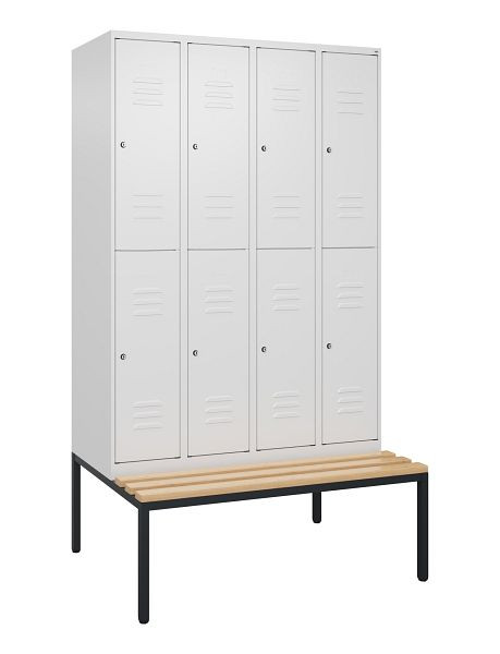 C+P Doppelstöckiger Spind Classic PLUS, 4 Abteile, 2120x1200x815mm, 9016/9016, Zylinderschlösser, Buche-Sitzleisten, Sitzbank, 0803507-40 S10104