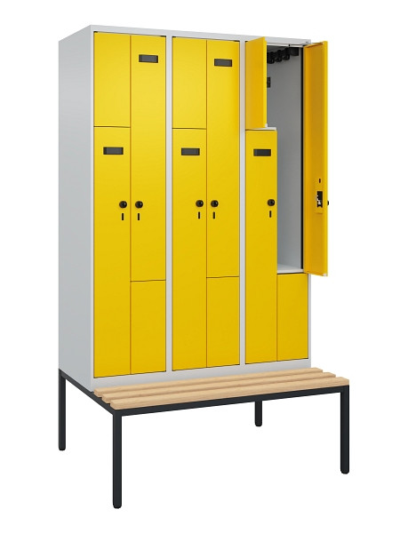 C+P Z-Spind Evolo PLUS, Bank, 6 Fächer, 2120x1200x815mm, 7035/1023, Drehriegel, Sitzfläche Buche-Hartholz, Sitzbank, 0490537-326 S10003