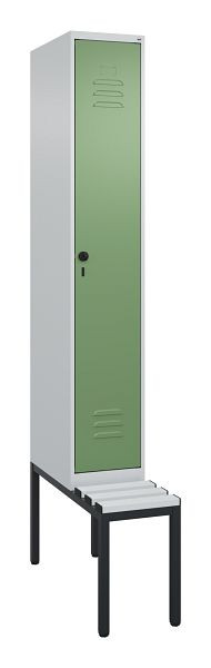 C+P Umkleidespind Classic PLUS mit Mitteltrennwand, Bank, 2120x300x815mm, 7035/6011, Drehriegel, 0800507-10F S10036