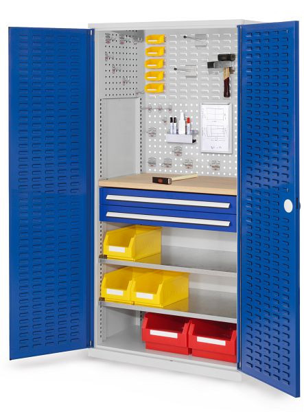 Kappes RasterPlan Schubladenschrank, Modell 24, RAL 7035/5010, Türinnenseite: Schlitzplatten 1950 x 1000 x 600 mm, 2 Schubladen H 100 mm, 1460.04.4016