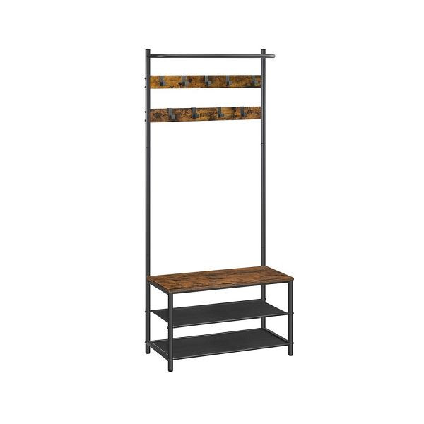 VASAGLE Garderobenständer mit Sitzbank, Vintagebraun-Schwarz, 64x32.2x180 cm, HSR411B01