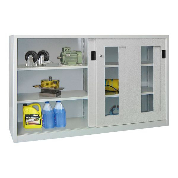 Pavoy Schwerlastschiebetürschrank 1200/2000/600, Mitteltrennwand, 4 gepulverte Fachböden; Sichtfenstertüren; Drehdruckzylinderschloss, 30331-200-691-735512