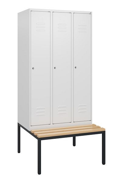 C+P Umkleidespind Classic PLUS, mit untergebauter Sitzbank, 3 Abteile, 1950x900x815mm, 9016/9016, Zylinderschlösser, Buche-Sitzleisten, 0800505-30 S10029