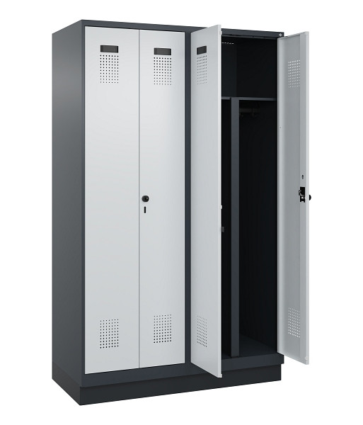 C+P PSA Schwarz-Weiß-Spind Evolo PLUS, mit Sockel, 4 Abteile, 1950x1200x500mm, 7016, RAL 7035 Lichtgrau, Drehriegel, 049022-40P S10017