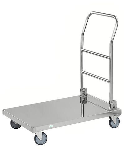 Kongamek Edelstahl-Plattformwagen KM, mit klappbarem Bügel, 100 kg, 880x500 mm, Bremse, 255348
