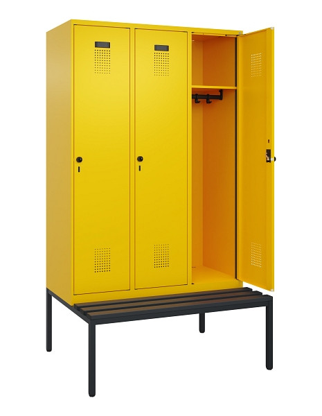 C+P Spind Evolo PLUS, 3 Abteile, 2120x1200x815mm, 1023/1023, Haken 4, Drehriegel, Sitzfläche Kunststoff, Sitzbank, 0490507-32 S10076