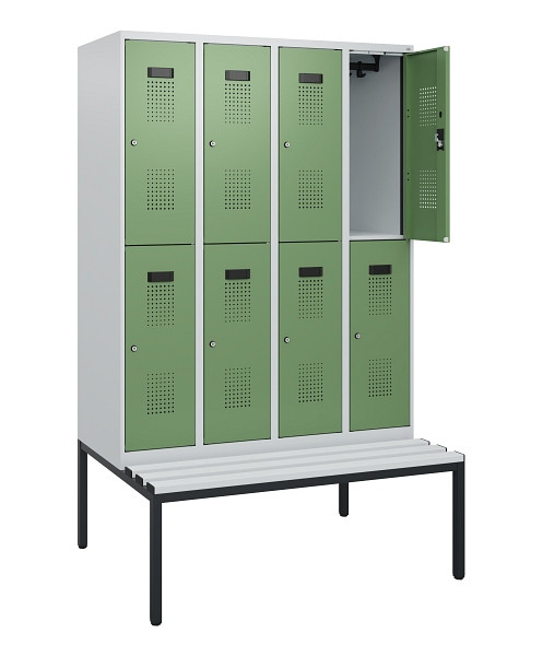 C+P Doppelstöckiger Spind Evolo PLUS, Bank, 8 Fächer, 1950x1200x815mm, 7035/6011, Zylinderschloss, Sitzfläche Kunststoff, Sitzbank, 0493505-40 S10145