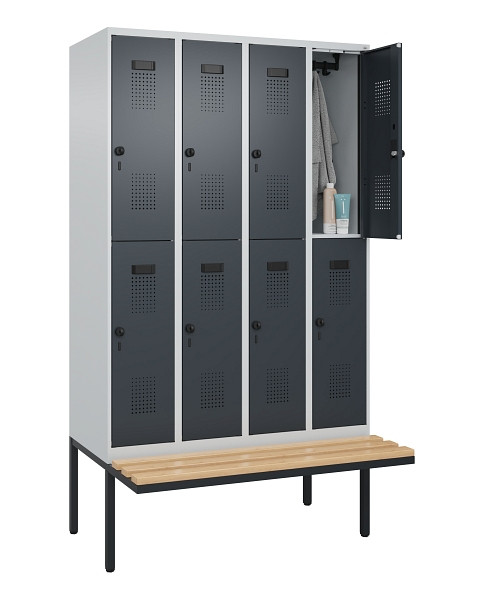 C+P Doppelstock-Spind Evolo PLUS, Bank, 8 Fächer, 2120x1200x815mm, 7035/7016, Drehriegel, Sitzfläche Buche-Hartholz, 0493407-40 S10012