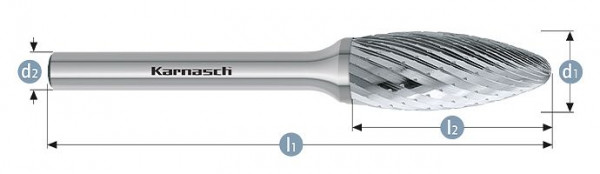 Karnasch Hartmetall-Frässtift unbeschichtet Flamme/ HP-1 d1=3 / l2=6 / d2=3 / l1=38mm, VE: 5 Stück, 113077005