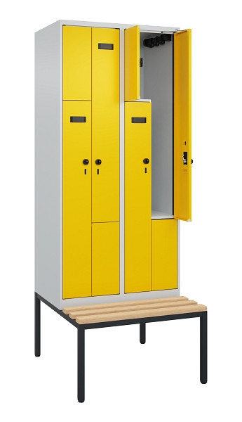 C+P Z-Spind Evolo PLUS, Bank, 4 Fächer, 2120x800x815mm, 7035/1023, Drehriegel, Sitzfläche Buche-Hartholz, Sitzbank, 0490537-224 S10003