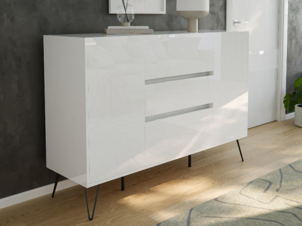 Posseik Sideboard Industrial N 140cm 3 Schubladen 2 Türen Weiß hochglanz, PN2091X0000002DE